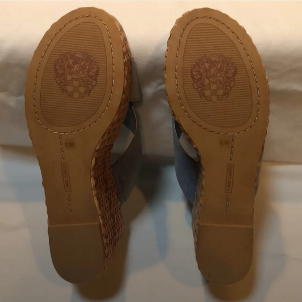 Vince Camuto Light Blue Suede Wedge Sandals with Woven Tan Platform